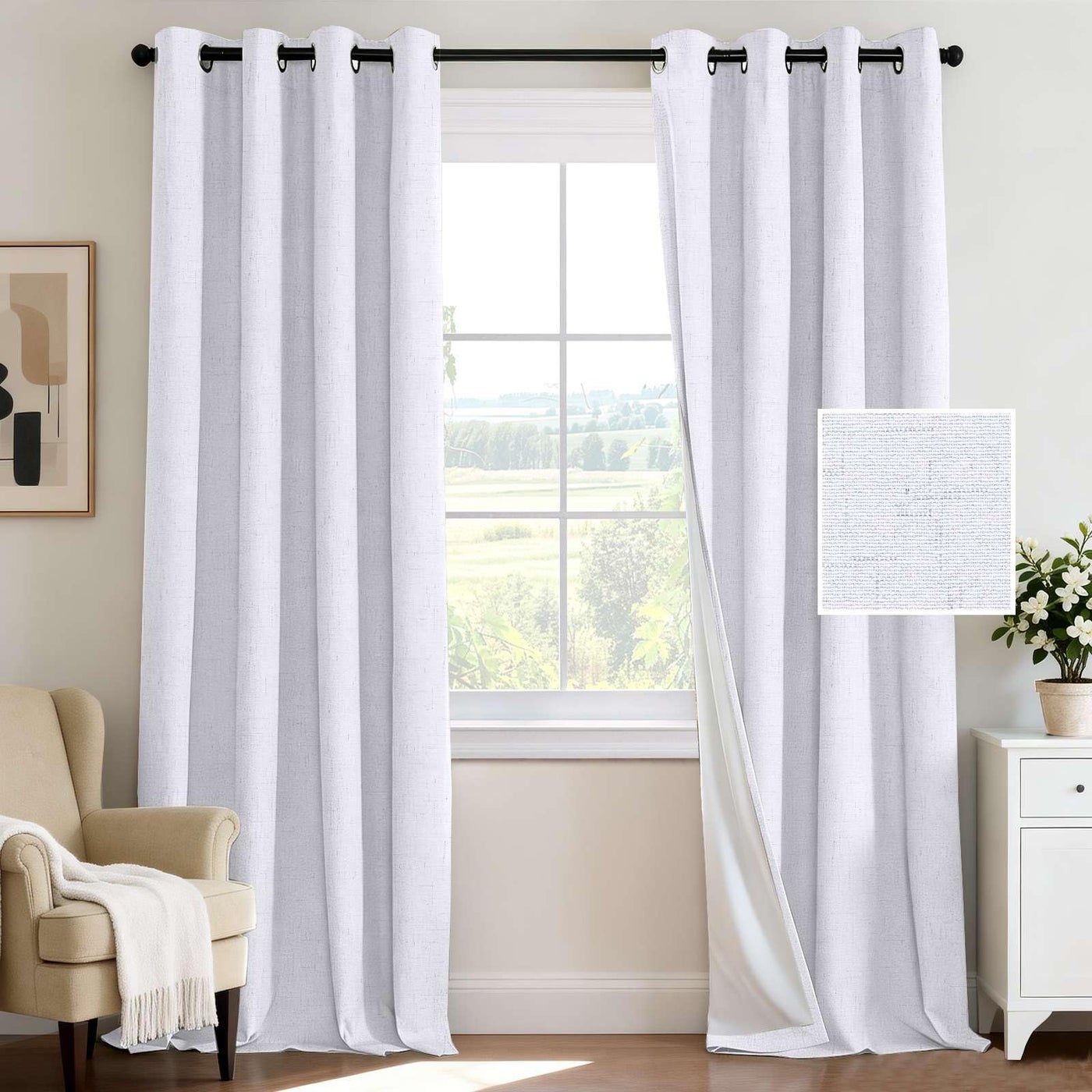 H.VERSAILTEX 100% Blackout Curtains for Bedroom 96 Inches Long Grommet Linen Face Full Light Blocking Curtain Drapes for Living Room Thermal Insulated Linen Look Curtains 2 Panels Set, Bright White